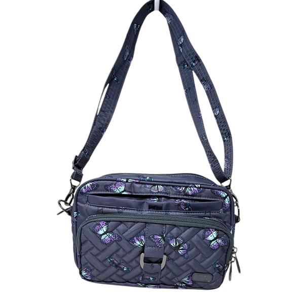 Lug Carousel Dark Gray‎ Quilted Crossbody Purple Blue Butterflies - Picture 1 of 9
